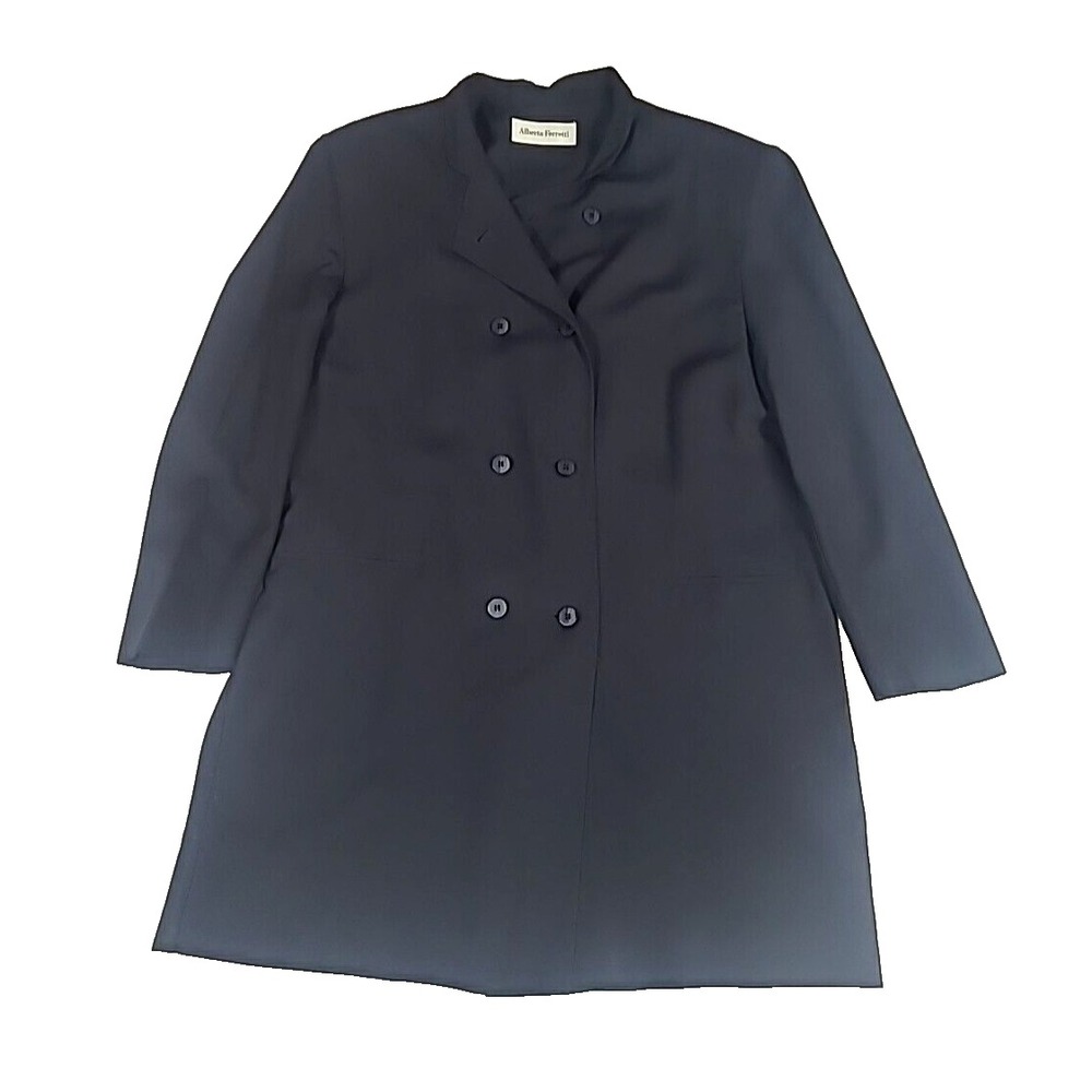 Alberta Ferrati Navy Blue Double Breasted Coat 6 Italy wool Pleated Cinch